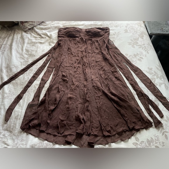 Sangria Chocolate Brown Strapless Silk Ribbon Fringe Midi Dress 12 Fairycore - Picture 1 of 9